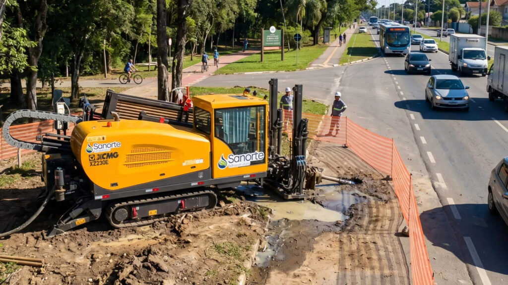 Equipamento de perfuração direcional horizontal da Sanorte em obra urbana de expansão de rede subterrânea